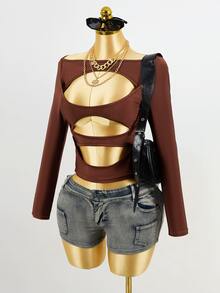 Zolique Sexy Off-Shoulder One-Shoulder Neck Slim Hollow-Out Design Asymmetric Long Sleeve Top - Coffee Brown - View 7