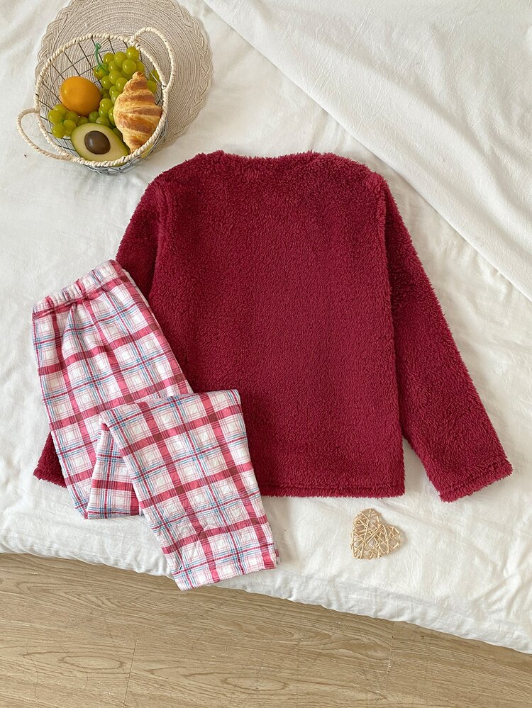 Christmas Autumn/Winter Double-Sided Fleece Thickened Tween Girl Set Cute Pink Bow Embroidery Red Plush Long Sleeve Top Paired With Fashionable Red Plaid Print Long Pants Two Pieces Loungewear - Red - View 3