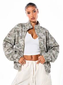 SUMWON WOMEN Winter Layers Oversized Camo Print Bomber Jacket With Zip Closure Stand Collar Elasticated Hem And Cuffs Fall Autumn Outerwear Warm Cozy - Khaki - View 1