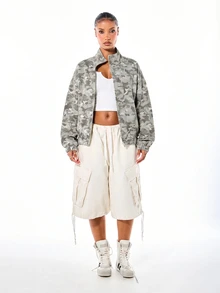 SUMWON WOMEN Winter Layers Oversized Camo Print Bomber Jacket With Zip Closure Stand Collar Elasticated Hem And Cuffs Fall Autumn Outerwear Warm Cozy - Khaki - View 5