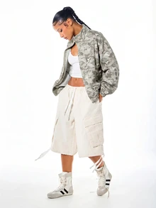 SUMWON WOMEN Winter Layers Oversized Camo Print Bomber Jacket With Zip Closure Stand Collar Elasticated Hem And Cuffs Fall Autumn Outerwear Warm Cozy - Khaki - View 3