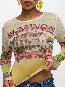 SUMWON Plus Size Tropical Floral Print Long Sleeve Mesh Top With Crew Neckline And All Over Pattern - Multicolor - View 4