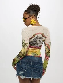 SUMWON Plus Size Tropical Floral Print Long Sleeve Mesh Top With Crew Neckline And All Over Pattern - Multicolor - View 2