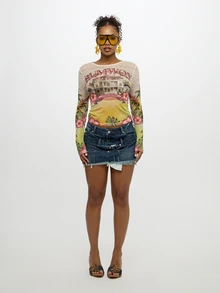 SUMWON Plus Size Tropical Floral Print Long Sleeve Mesh Top With Crew Neckline And All Over Pattern - Multicolor - View 3