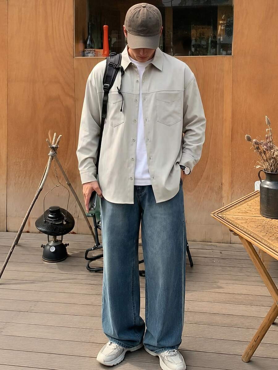Casual Vintage Structured Grey-Apricot Men's Shirt With Chest Pocket, Dropped Shoulder, Long Sleeve, Turn-Down Collar, Button-Up, Loose Fit - Apricot - View 1