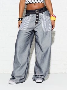 SUMWON WOMEN Baggy Wide Leg Denim Jeans With Contrast Striped Patch Pockets And Button Fly Mid Rise Full Length Patchwork Style - Multicolor - View 1
