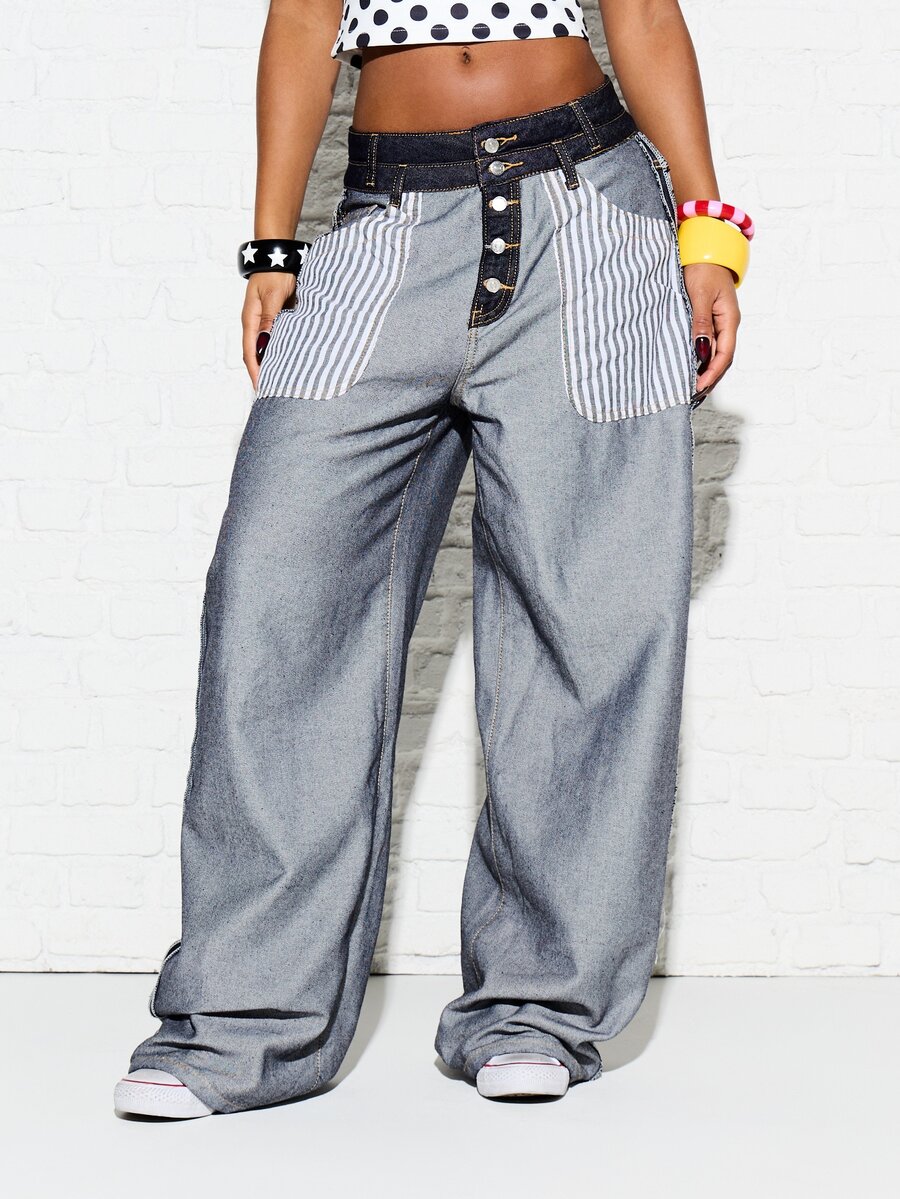 SUMWON WOMEN Baggy Wide Leg Denim Jeans With Contrast Striped Patch Pockets And Button Fly Mid Rise Full Length Patchwork Style - Multicolor - View 1
