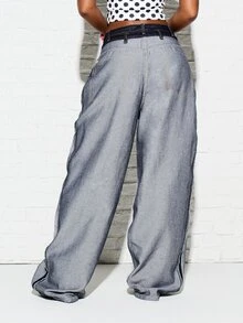 SUMWON WOMEN Baggy Wide Leg Denim Jeans With Contrast Striped Patch Pockets And Button Fly Mid Rise Full Length Patchwork Style - Multicolor - View 3