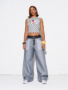 SUMWON WOMEN Baggy Wide Leg Denim Jeans With Contrast Striped Patch Pockets And Button Fly Mid Rise Full Length Patchwork Style - Multicolor - View 2