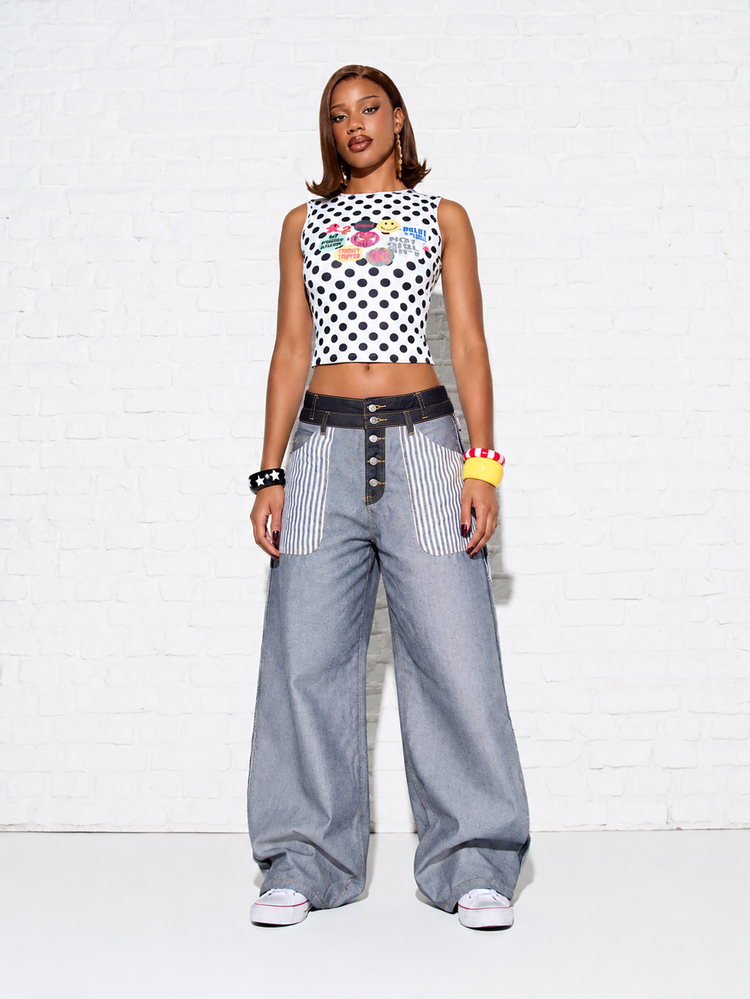 SUMWON WOMEN Baggy Wide Leg Denim Jeans With Contrast Striped Patch Pockets And Button Fly Mid Rise Full Length Patchwork Style - Multicolor - View 2