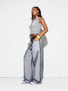 SUMWON WOMEN Baggy Wide Leg Denim Jeans With Contrast Striped Patch Pockets And Button Fly Mid Rise Full Length Patchwork Style - Multicolor - View 4