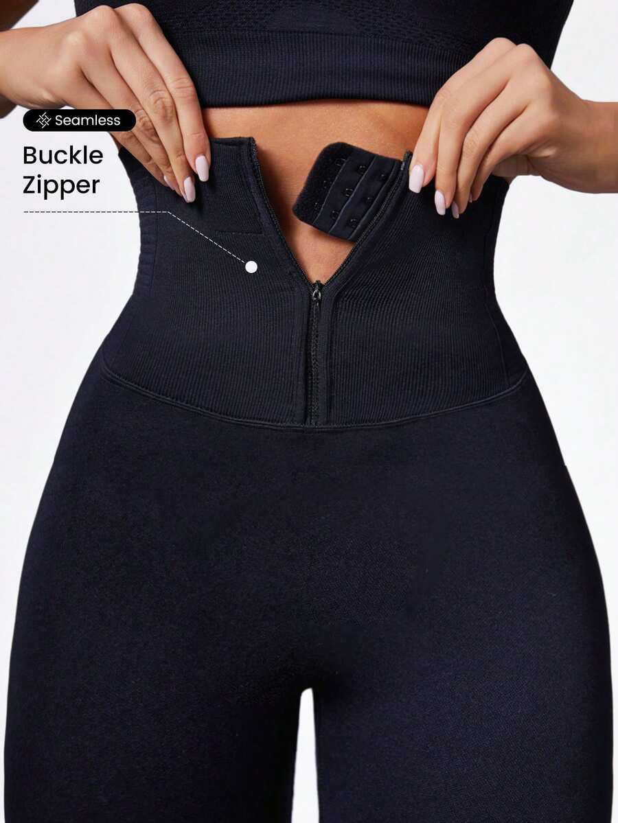 Easithlete Easithlete Women's High Waisted Seamless Yoga Leggings,Adjustable Zipper Buckle Corset Belt Tummy Control Lifting Waist Trainer Body Shaper Pants - Black - View 1