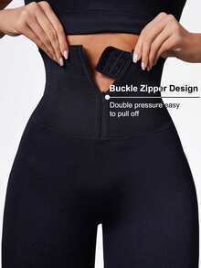 Easithlete Easithlete Women's High Waisted Seamless Yoga Leggings,Adjustable Zipper Buckle Corset Belt Tummy Control Lifting Waist Trainer Body Shaper Pants - Black - View 3