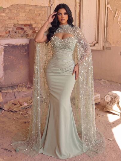 Aureia Vestido de Noche Elegante Talla Grande Verde Oliva Claro con Chal Desmontable Oversized, Lujo con Cuentas 3D y Lentejuelas, Sin Tirantes, con Adornos a Mano, Plisado Frontal, Ribete Burnout Estilizador, Falda de Sirena con Abertura Lateral Alta, para Citas, Fiestas Individuales, Bodas, Eventos y Todas las Ocasiones Formales para Mujer