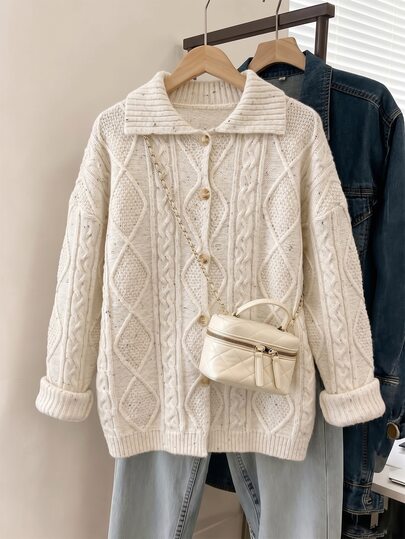 GlowEve CURVE Fall PlusSize Women's OffWhite Lapel DiamondPattern TwistCable Knit Cardigan, Casual Elegant SingleBreasted LongSleeve Sweater Coat, White Vacation