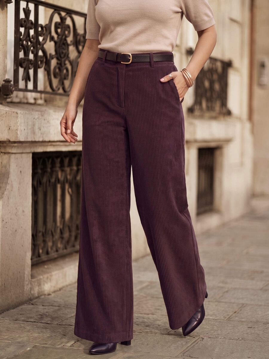 Juhart Fashionable Elegant Minimalist Corduroy Wide Leg Pants With Pockets, OL Style, Plus Size Winter - Purple - View 1