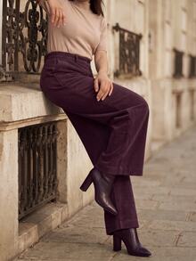 Juhart Fashionable Elegant Minimalist Corduroy Wide Leg Pants With Pockets, OL Style, Plus Size Winter - Purple - View 3