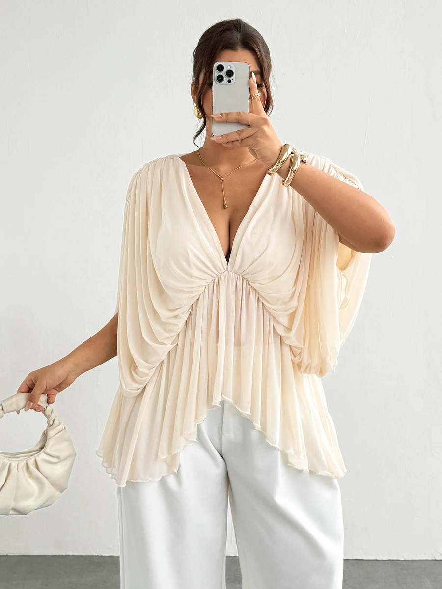 Firerie Plus Size Sexy Sweet Pleated Asymmetrical Blouse Fall, Fall/Winter, Thanksgiving, New Year - Apricot - View 1