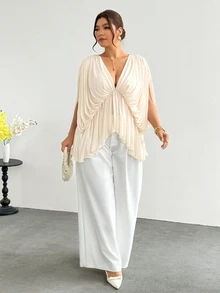 Firerie Plus Size Sexy Sweet Pleated Asymmetrical Blouse Fall, Fall/Winter, Thanksgiving, New Year - Apricot - View 6