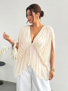 Firerie Plus Size Sexy Sweet Pleated Asymmetrical Blouse Fall, Fall/Winter, Thanksgiving, New Year - Apricot - View 4