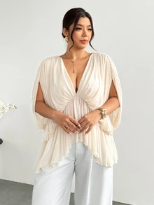 Firerie Plus Size Sexy Sweet Pleated Asymmetrical Blouse Fall, Fall/Winter, Thanksgiving, New Year - Apricot - View 2