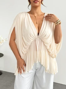 Firerie Plus Size Sexy Sweet Pleated Asymmetrical Blouse Fall, Fall/Winter, Thanksgiving, New Year - Apricot - View 5