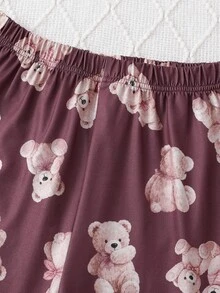 秋冬女童青少年2件套，可愛卡通熊印花棕色柔軟舒適休閒長袖上衣與寬鬆舒適長褲，居家服 - 棕色 - 查看 6
