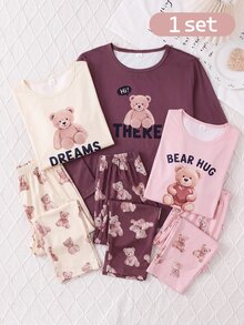 秋冬女童青少年2件套，可愛卡通熊印花棕色柔軟舒適休閒長袖上衣與寬鬆舒適長褲，居家服 - 棕色 - 查看 1