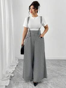 Elenzga Mono de pierna acampanada de cintura alta con doble de botones, tela de punto con textura de estampado de pata de gallo en blanco y negro, bolsillos reales, elegante, versátil, casual, para ir al trabajo, citas, fiestas, tirantes, talla grande - Blanco y Negro - Ver 8