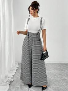 Elenzga Mono de pierna acampanada de cintura alta con doble de botones, tela de punto con textura de estampado de pata de gallo en blanco y negro, bolsillos reales, elegante, versátil, casual, para ir al trabajo, citas, fiestas, tirantes, talla grande - Blanco y Negro - Ver 7