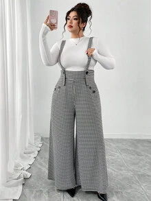 Elenzga Mono de pierna acampanada de cintura alta con doble de botones, tela de punto con textura de estampado de pata de gallo en blanco y negro, bolsillos reales, elegante, versátil, casual, para ir al trabajo, citas, fiestas, tirantes, talla grande - Blanco y Negro - Ver 10