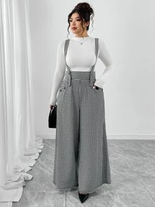 Elenzga Mono de pierna acampanada de cintura alta con doble de botones, tela de punto con textura de estampado de pata de gallo en blanco y negro, bolsillos reales, elegante, versátil, casual, para ir al trabajo, citas, fiestas, tirantes, talla grande - Blanco y Negro - Ver 5