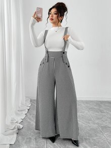 Elenzga Mono de pierna acampanada de cintura alta con doble de botones, tela de punto con textura de estampado de pata de gallo en blanco y negro, bolsillos reales, elegante, versátil, casual, para ir al trabajo, citas, fiestas, tirantes, talla grande - Blanco y Negro - Ver 1