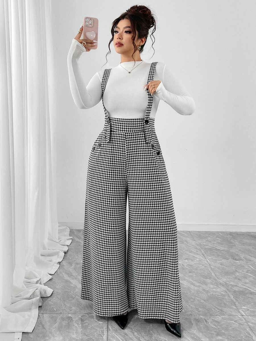 Elenzga Mono de pierna acampanada de cintura alta con doble de botones, tela de punto con textura de estampado de pata de gallo en blanco y negro, bolsillos reales, elegante, versátil, casual, para ir al trabajo, citas, fiestas, tirantes, talla grande - Blanco y Negro - Ver 1