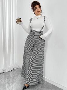 Elenzga Mono de pierna acampanada de cintura alta con doble de botones, tela de punto con textura de estampado de pata de gallo en blanco y negro, bolsillos reales, elegante, versátil, casual, para ir al trabajo, citas, fiestas, tirantes, talla grande - Blanco y Negro - Ver 4