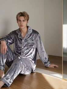 Solid Color Teenager Boy Pajamas, Simple Classic Grey Fleece Style With Pocket, English Embroidery, Long Sleeve Autumn And Winter - Grey - View 5