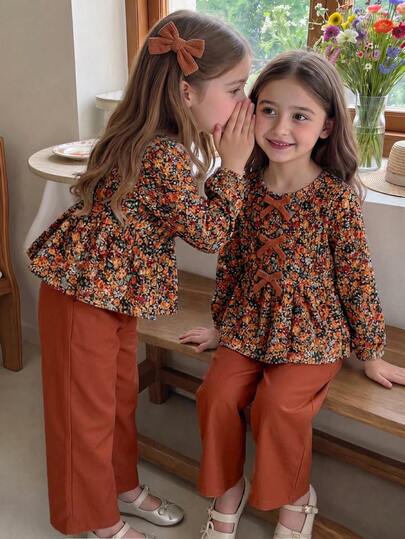 Girls Floral Long Sleeve Top And Pants 2 Pieces Set, Top With Brown Vintage Ditsy Floral, Suitable For Autumn Casual Wear