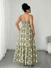 Elenzga Plus Size Women's Elegant Spaghetti Strap Ruched Waist A-Line Dress,Dual-Color Leaf Print,Olive Green,Summer,Boho,Vacation,Holiday,Parties,Weddings - Army Green - View 2