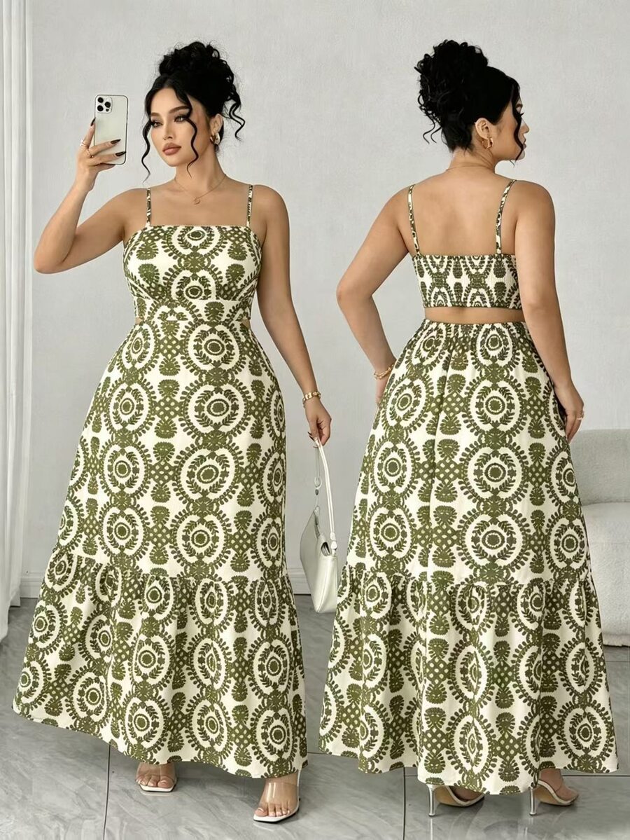 Elenzga Plus Size Women's Elegant Spaghetti Strap Ruched Waist A-Line Dress,Dual-Color Leaf Print,Olive Green,Summer,Boho,Vacation,Holiday,Parties,Weddings - Army Green - View 1