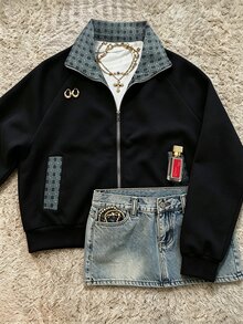 IslaSuriya Sweet & Cool Contrast Color Plaid Patchwork Zip-Up Casual Sweatshirt - Black - View 1