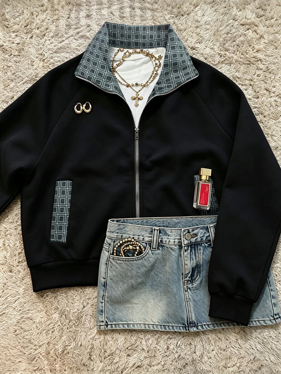 IslaSuriya Sweet & Cool Contrast Color Plaid Patchwork Zip-Up Casual Sweatshirt - Black - View 1