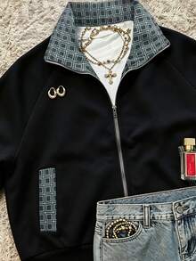 IslaSuriya Sweet & Cool Contrast Color Plaid Patchwork Zip-Up Casual Sweatshirt - Black - View 3