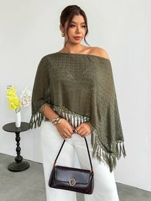 Firerie Plus Size Women's Hollow Out Asymmetrical Shoulder Tassel Hem Knit Top - Dark Green - View 4