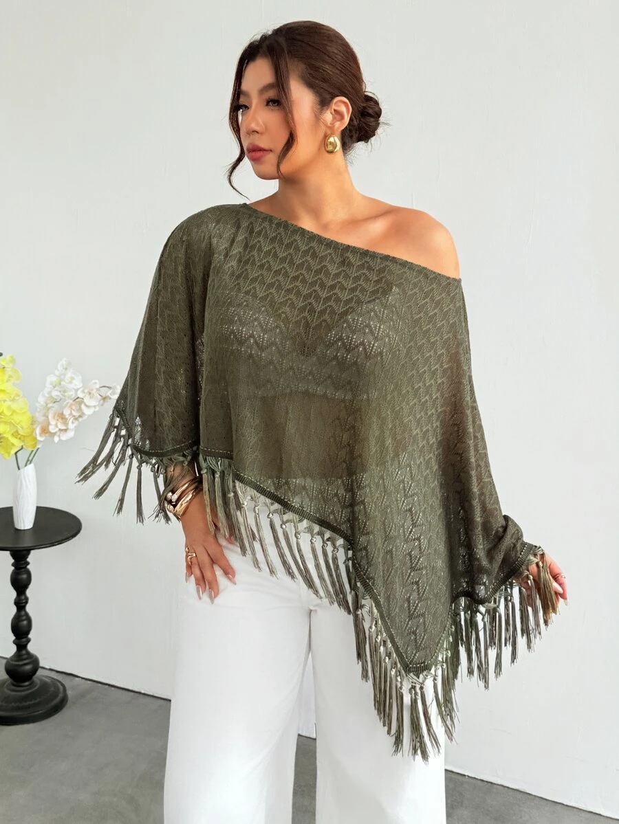 Firerie Plus Size Women's Hollow Out Asymmetrical Shoulder Tassel Hem Knit Top - Dark Green - View 1