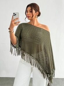 Firerie Plus Size Women's Hollow Out Asymmetrical Shoulder Tassel Hem Knit Top - Dark Green - View 2
