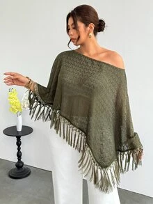 Firerie Plus Size Women's Hollow Out Asymmetrical Shoulder Tassel Hem Knit Top - Dark Green - View 7