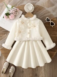 SHEIN 女童 3D 花朵裝飾毛絨拼接長袖外套與迷你裙時尚套裝 冬季 - 杏色 - 查看 7