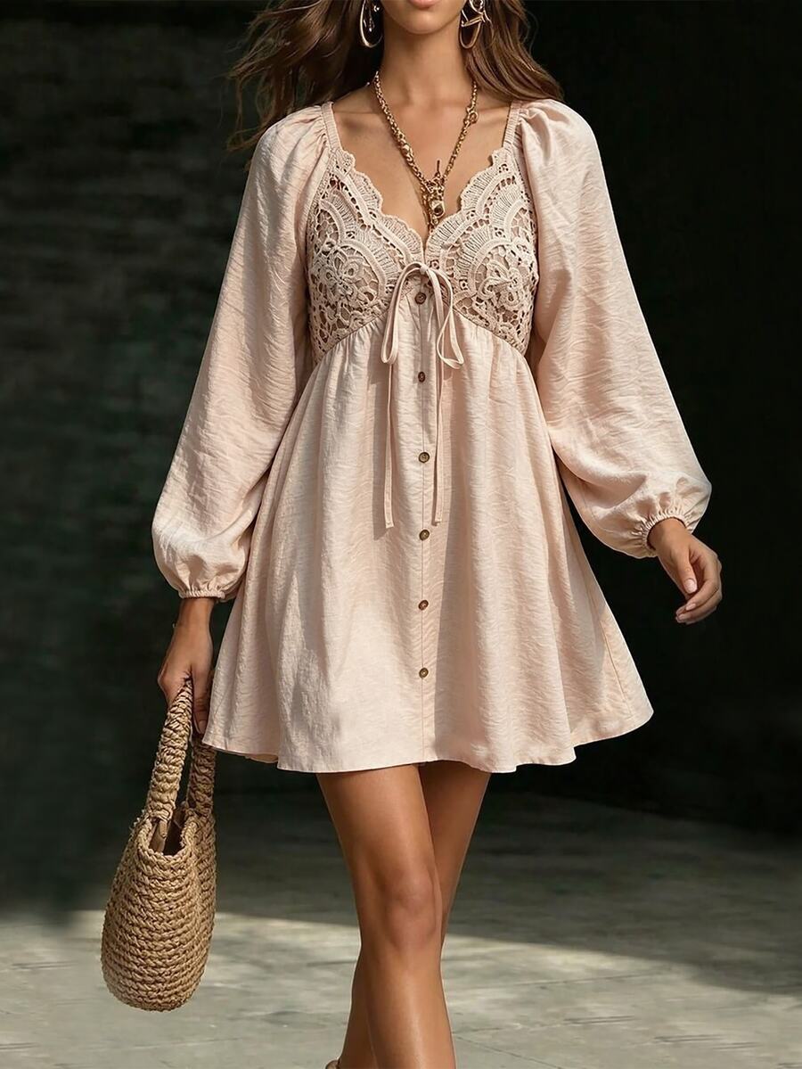 LanaWest Petite Women's Holiday Outfit Apricot Fashion V-Neck Hollow Lace Patchwork Lantern Sleeve Elastic Waist Loose Hem Bohemian Style Vacation Dress - Apricot - View 1