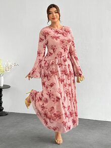 Firerie Plus Size Elegant Floral Print Ruffle Trim Dress Elegant Wedding Guest Party Dress For Women Fall/Winter Elegant Floral Dress For Women New Year Dress - Pink - View 6