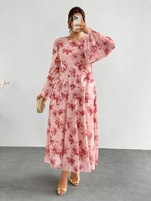 Firerie Plus Size Elegant Floral Print Ruffle Trim Dress Elegant Wedding Guest Party Dress For Women Fall/Winter Elegant Floral Dress For Women New Year Dress - Pink - View 4